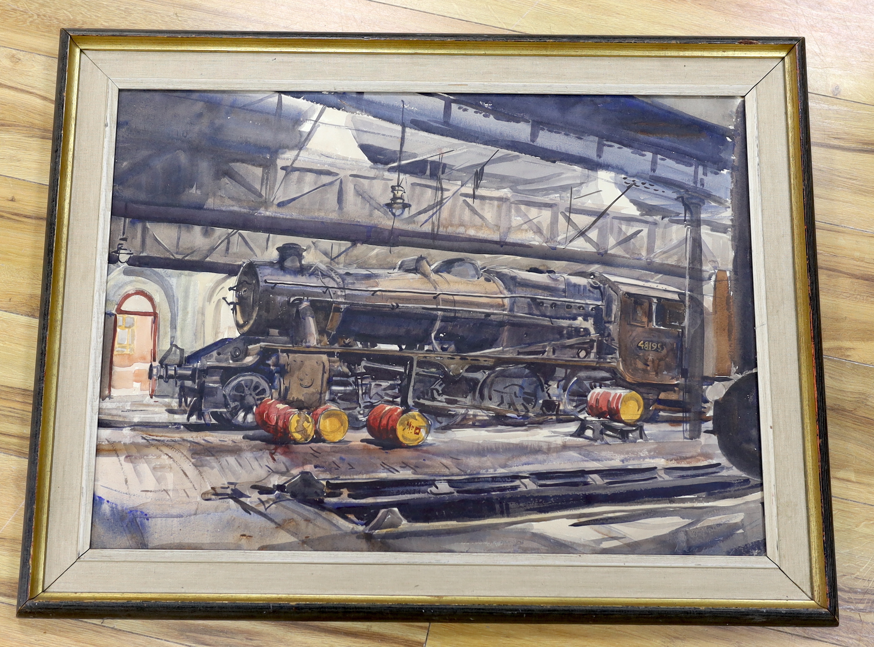 Ralph Hartley (1926-1988) watercolour, British Railways Class 8F 2-8-0 locomotive, details verso, 65 x 54cm